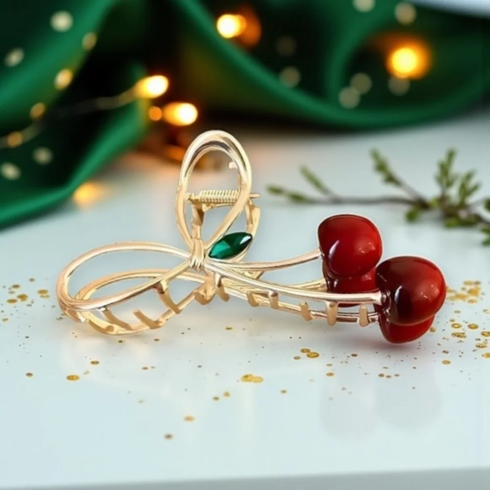 Cherry Hair Claw Clip Non-Slip Bow-Knot 🍒 Metal Hair Clip for Women & Girls